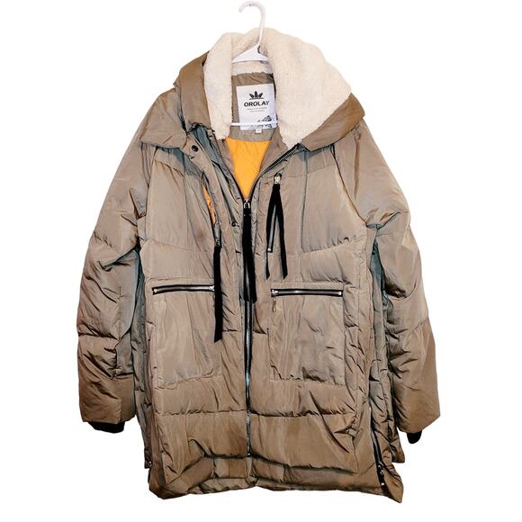 Orolay beige duck down filled thickened mid length hooded ski coat XL - Picture 1 of 16